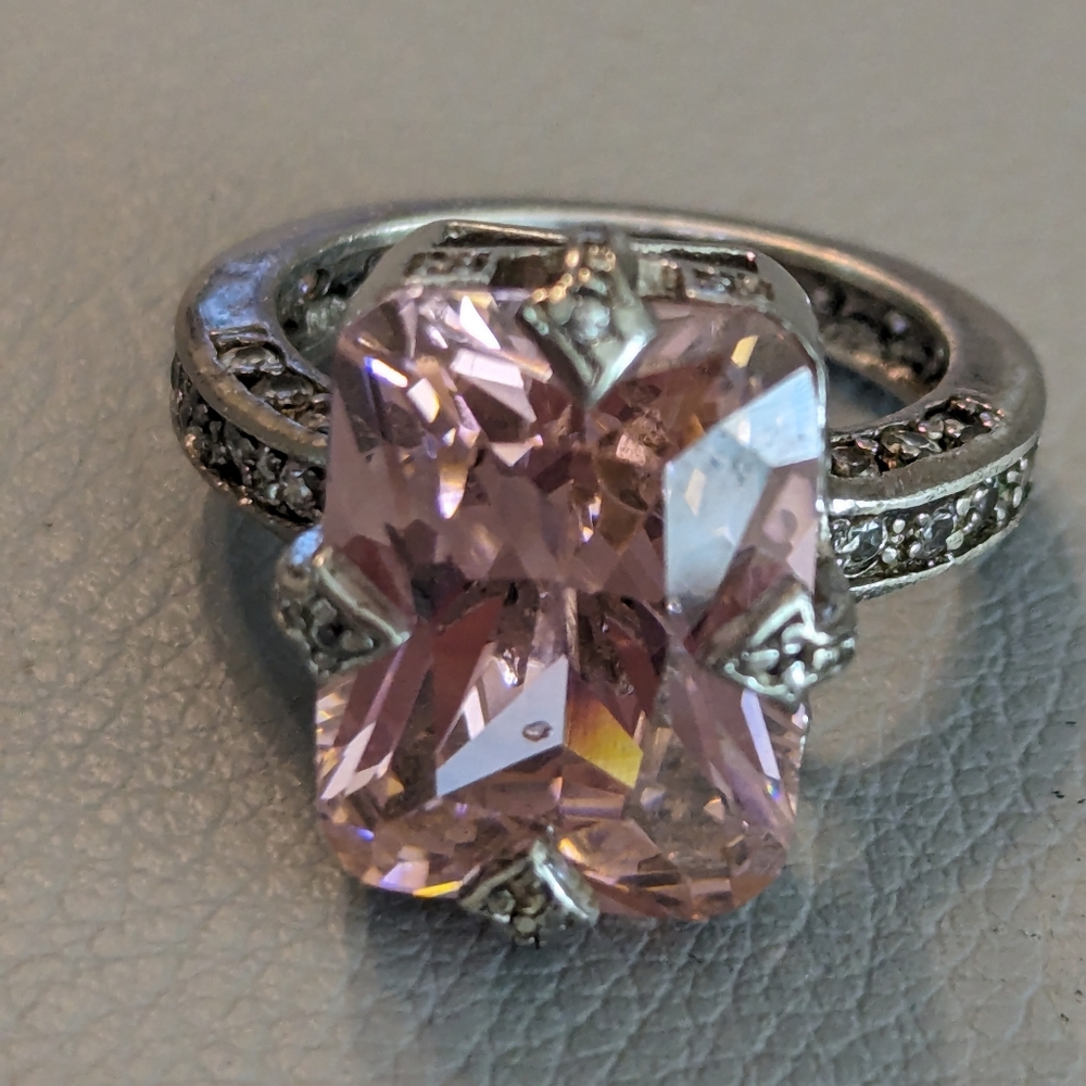 Vintage Sterling Silver 825 Pink Cut Gem And White Rhinestones Ring Size 6